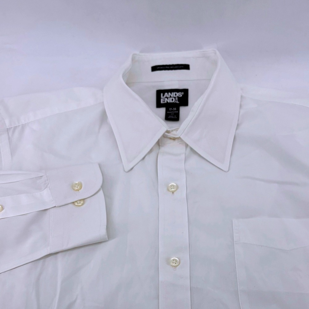 Lands End Mens White Wrinkle Free Broadcloth Traditional Fit Dress Shirt 17-35